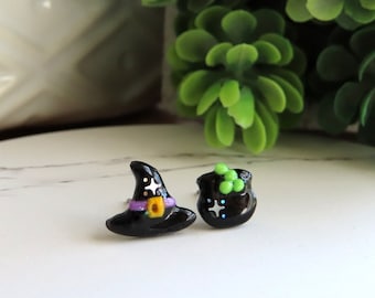 DAINTY Witch Hat Earrings, Witch Hat and Cauldron, Halloween Earrings, Mismatch Studs, Basic Witch