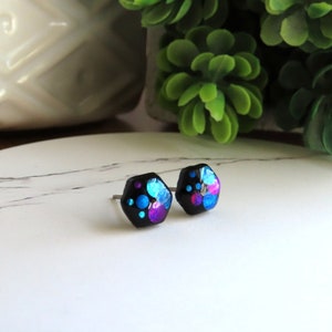BLACK Hexagon Glitter Earrings | Titanium Earrings | Geometric Earrings | Hypoallergenic | Everyday Earrings | Small Studs | 8mm