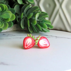 SLICED Strawberry Earrings, Cute Fruit Studs for Sensitive Ears