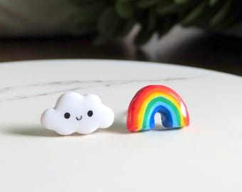 Rainbow Earrings, Titanium Earrings Studs, Rainbow with Cloud, Mismatched Earrings, Cute Earrings, Kawaii, Nickel Free and Hypoallergenic