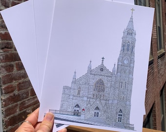 May include: Three white prints of a black and white illustration of a stone church with a tall steeple and a cross on top. The church has a large stained glass window and two sets of double doors.