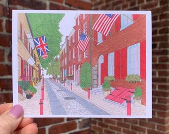 Elfreth's Alley Greeting Card, Historic Elfreth's Alley, Philly Notecard, Philadelphia Greeting Card, Elfreth's Alley Art, Philly Blank Card