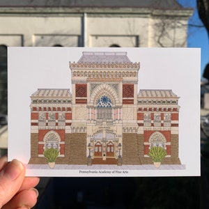 May include: A postcard illustration of the Pennsylvania Academy of the Fine Arts building in Philadelphia. The building is drawn in a detailed style with a brown, red, and white color scheme. The text "Pennsylvania Academy of Fine Arts" is printed at the bottom of the postcard.