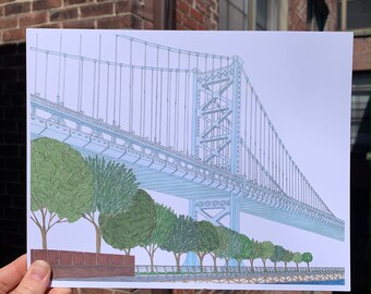 Ben Franklin Bridge Print, Race Street Pier Drawing, Philly Bridge Art Print, Old City Philly Art, Philadelphia Art, 8x10 Philly Art Print