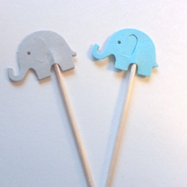 24 Elephant Party Toothpicks - Blue and Grey Party Toothpicks / Cupcake Toppers