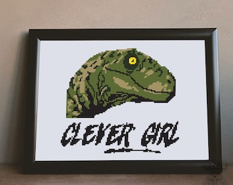 Clever Girl - Patrón de punto de cruz de dinosaurio, punto de cruz, dinosaurio, raptor, Jurassic Park, patrón PDF