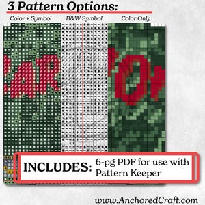 May include: Three cross-stitch pattern options for a design that says "Love" in red letters on a green background. The options include color and symbol, black and white symbol, and color only. The image includes the text "INCLUDES: 6-pg PDF for use with Pattern Keeper" and the website address "www.AnchoredCraft.com".