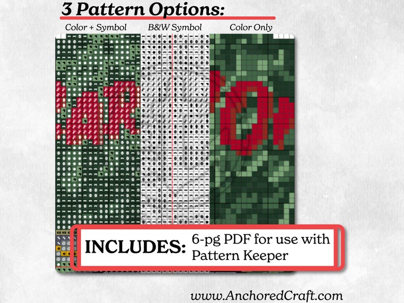 May include: Three cross-stitch pattern options for a design that says "Love" in red letters on a green background. The options include color and symbol, black and white symbol, and color only. The image includes the text "INCLUDES: 6-pg PDF for use with Pattern Keeper" and the website address "www.AnchoredCraft.com".