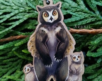 Owlbear Family - Wooden Charm - 2 inch keychain