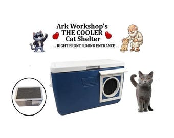 Insulated Outdoor Cat Shelter: All-Weather Cooler Cat House, Right FRONT, ROUND .... Blue