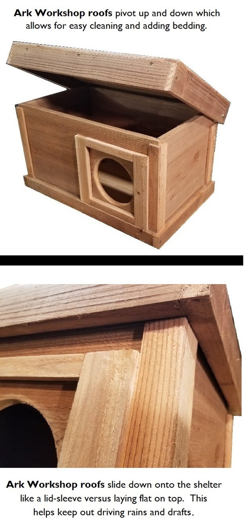 May include: A wooden pet shelter with a hinged roof for easy access and cleaning. The shelter has a circular opening and is made of light-coloured wood. The text says "Ark Workshop roofs pivot up and down".