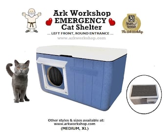 Ark Workshop "All Season" Fully Insulated (sides, floor, LID), Outdoor Emergency Cat House Warm Shelter: LF ROUND enter Cat Approved!  Blue