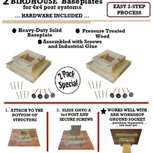 Ark Workshop 2 PACK Base Plates mounting bracket for birdhouses, Martin Houses, birdfeeders, mailboxes, items being mounted onto a 4x4 post