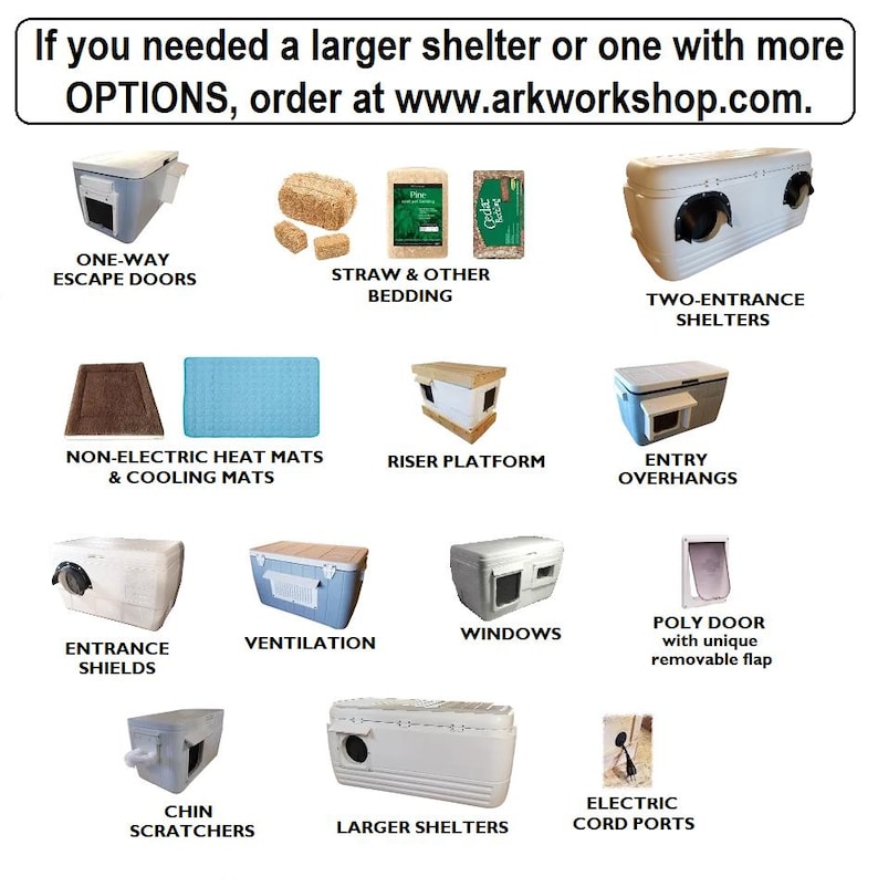 May include: An image showcasing animal shelter accessories. The image includes items such as one-way escape doors, bedding, two-entrance shelters, non-electric heat mats, riser platforms, entry overhangs, entrance shields, ventilation, windows, poly doors, chin scratchers, larger shelters, and electric cord ports.