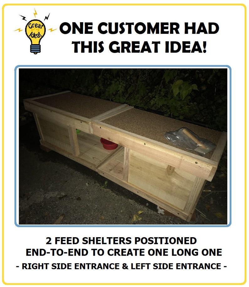 May include: Two wooden feed shelters positioned end-to-end to create one long shelter. The shelter has a right side entrance and a left side entrance.  "2 FEED SHELTERS POSITIONED END-TO-END TO CREATE ONE LONG ONE - RIGHT SIDE ENTRANCE & LEFT SIDE ENTRANCE -"