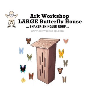 May include: A wooden butterfly house with a shaker-shingled roof. The house has multiple openings for butterflies to enter and exit. The house is surrounded by colorful butterflies.