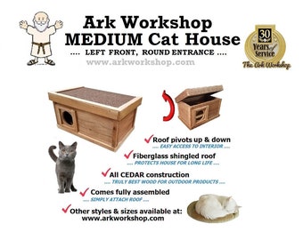 ALL SEASON Ark Workshop Medium Outdoor Cat House wood shelter home ferals strays pets - LF rd (left front, round entrance)