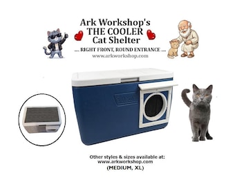 Insulated Outdoor Cat Shelter: All-Weather Cooler Cat House, Right FRONT, ROUND .... Blue
