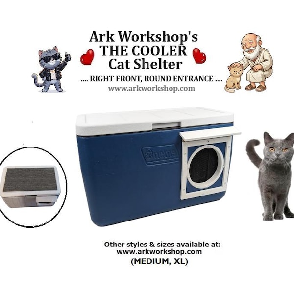 Insulated Outdoor Cat Shelter: All-Weather Cooler Cat House, Right FRONT, ROUND .... Blue
