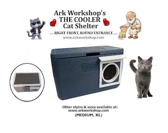 Insulated Outdoor Cat Shelter: All-Weather Cooler Cat House, Right FRONT, ROUND, ..... Deep Blue