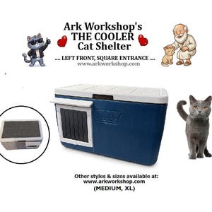Insulated Outdoor Cat Shelter: All-Weather Emergency Cat House, Left FRONT, SQUARE .... Blue