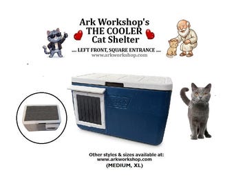 Insulated Outdoor Cat Shelter: All-Weather Emergency Cat House, Left FRONT, SQUARE .... Blue