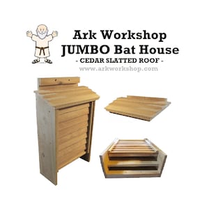 May include: A wooden bat house with a cedar slatted roof. The house is made of natural wood and has a large opening for bats to enter. The house is designed to provide a safe and comfortable habitat for bats.