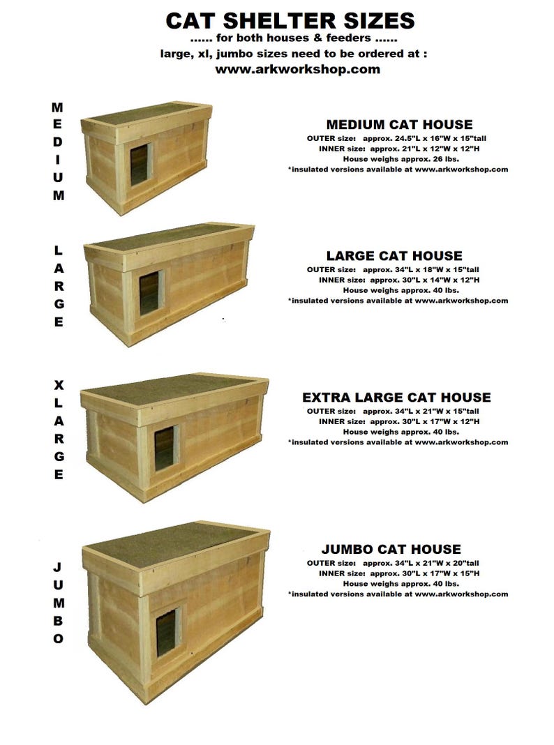 May include: Four wooden cat houses of different sizes, labeled "Medium", "Large", "X-Large", and "Jumbo". Each house has a rectangular opening for the cat to enter. The houses are made of natural wood and have a light brown color. The text on the image reads "CAT SHELTER SIZES" and includes the website address "www.arkworkshop.com".