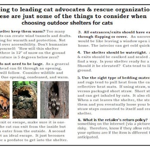 May include: A guide for cat owners on selecting outdoor shelters, with advice on warmth, entrances, and bedding. The text includes images of cats and a tree hollow. Also advises on return policies for online purchases.