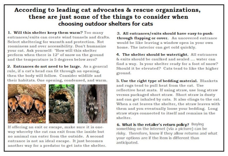 May include: A guide for cat owners on selecting outdoor shelters, with advice on warmth, entrances, and bedding. The text includes images of cats and a tree hollow. Also advises on return policies for online purchases.