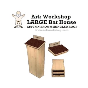 May include: A wooden bat house with a brown shingled roof. The bat house is designed to attract bats to your yard. The text on the image reads "Ark Workshop LARGE Bat House - AUTUMN BROWN SHINGLED ROOF - www.arkworkshop.com"