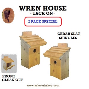 May include: Two wooden wren houses with cedar slat shingles. The houses are designed to be tacked on to a surface. The text "2 PACK SPECIAL" is visible on the image.