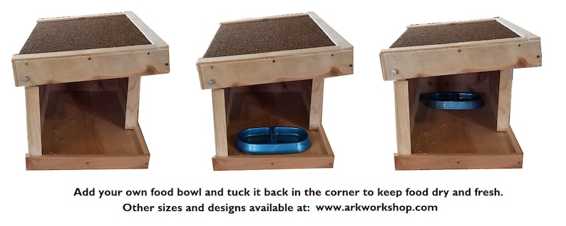 May include: A wooden pet food station with a slanted roof and a blue food bowl. The station is designed to keep pet food dry and fresh.
