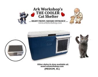Insulated Outdoor Cat Shelter: All-Weather Emergency Cat House, Right FRONT, SQUARE .... Blue