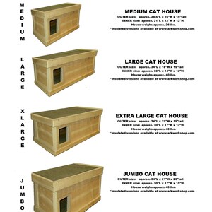 May include: Image showing four wooden cat shelters in Medium, Large, Extra Large, and Jumbo sizes. Dimensions are provided in inches, with weights in pounds. Each shelter has a rectangular design with an entrance. The text includes website information.