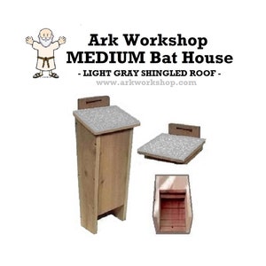 May include: A medium-sized bat house with a light gray shingled roof. The bat house is made of wood and has a rectangular shape. The bat house is designed to attract bats to your yard.  Ark Workshop - LIGHT GRAY SHINGLED ROOF - www.arkworkshop.com
