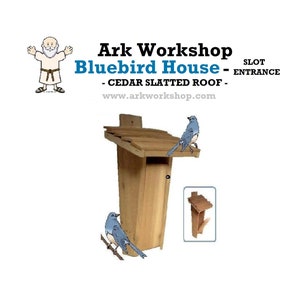May include: A wooden bluebird house with a cedar slatted roof. The house has a slot entrance and is made by Ark Workshop. The website address is www.arkworkshop.com.