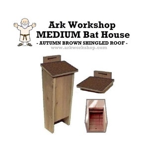 May include: A wooden bat house with a shingled roof. The house is brown and has a small opening for bats to enter. The text "Ark Workshop MEDIUM Bat House - AUTUMN BROWN SHINGLED ROOF - www.arkworkshop.com" is printed on the image.