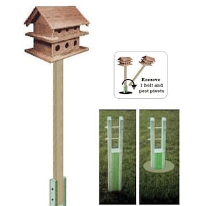 May include: A wooden birdhouse with multiple compartments sits atop a 4x4 post system. The post system is a ground socket that allows the post to be easily removed. The image shows how to remove the post by removing one bolt and pivoting the post.