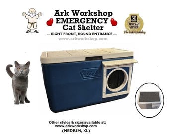 Insulated Outdoor Cat Shelter: All-Weather Cooler Cat House, Right FRONT, ROUND