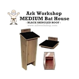 May include: A wooden bat house with a black shingled roof. The bat house is designed to attract bats to your yard. The bat house is made by Ark Workshop. The text on the image reads "Ark Workshop MEDIUM Bat House - BLACK SHINGLED ROOF - www.arkworkshop.com".