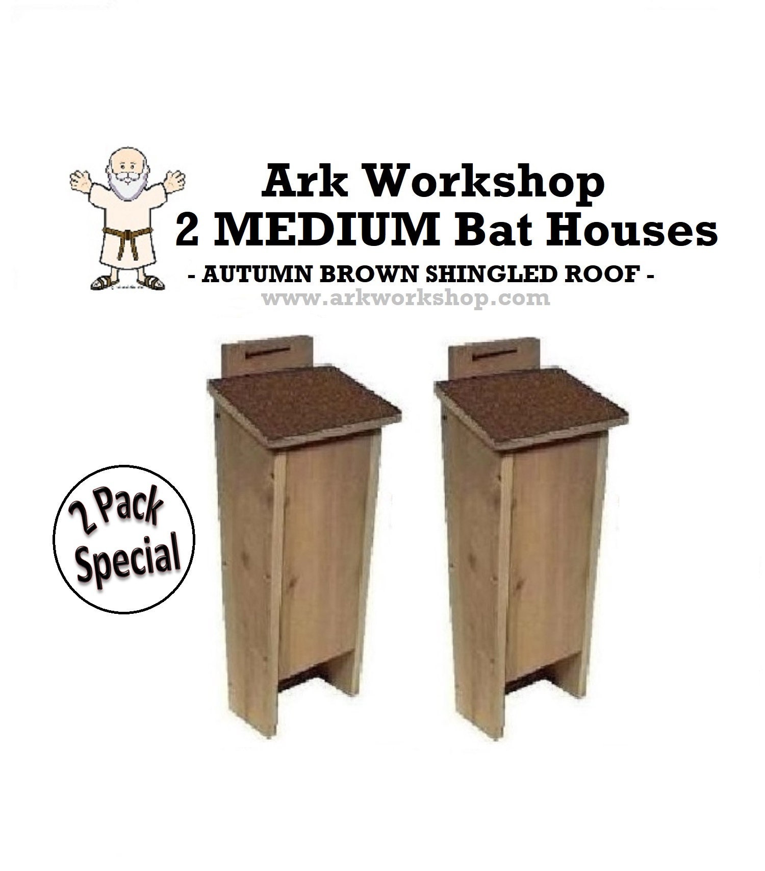 Ark Workshop MEDIUM Shingled Bat House 2 PACK shelter box proven for bat success and natural insect mosquito control A BRW