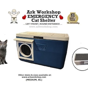 Insulated Outdoor Cat Shelter: All-Season Warm Emergency House, Left FRONT, ROUND.