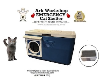 Insulated Outdoor Cat Shelter: All-Season Warm Emergency House, Left FRONT, ROUND.