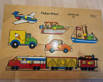 "Fisher-Price Vintage Holzpuzzle ""Fahrzeuge"" Zahl 508 2- 5 Jahre es gibt 8 Teile." Autos Zug Caboose Boot Eiswagen Flugzeug