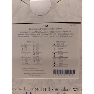 May include: A close-up of a product label for "Bewitching Pixies" by Nora Corbett. The label includes DMC floss and DMC blend color codes, Mill Hill bead codes, and the dimensions of the stitched area, which is 7.63" x 7.88".