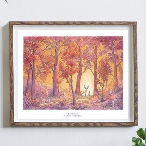 Cathedral - Fantasy Watercolor Art Print by Naomi VanDoren | Stag | Antler Queen | Autumn | Fall | Magical Familiar | Forest | Altar