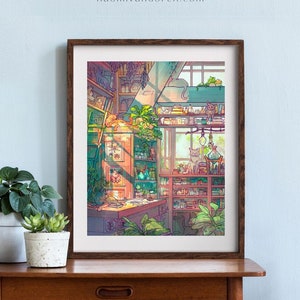 Cat Shop Apothecary - Plant Lover | Books | Book Person | Botanical | Tropical | Sunset | Cozy | Digital Watercolor | Spells | Giclee