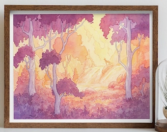 The Last Unicorn - Fantasy Watercolor Art Print by Naomi VanDoren | Magical Pink Forest | Waterfall | Whimsical