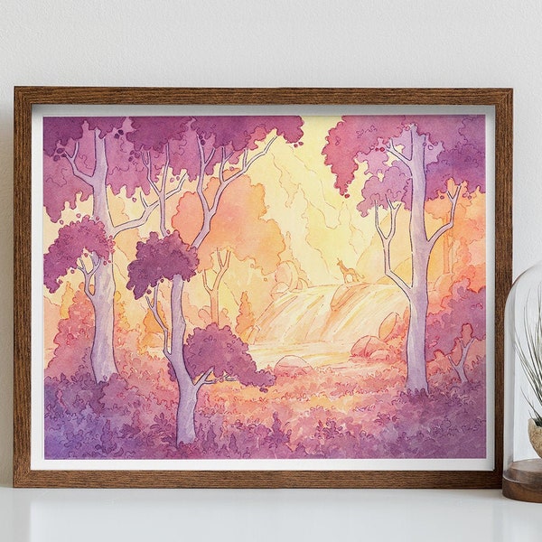 De laatste Eenhoorn - Fantasy aquarel Art Print door Naomi VanDoren | Magisch roze bos | Waterval | Grillig
